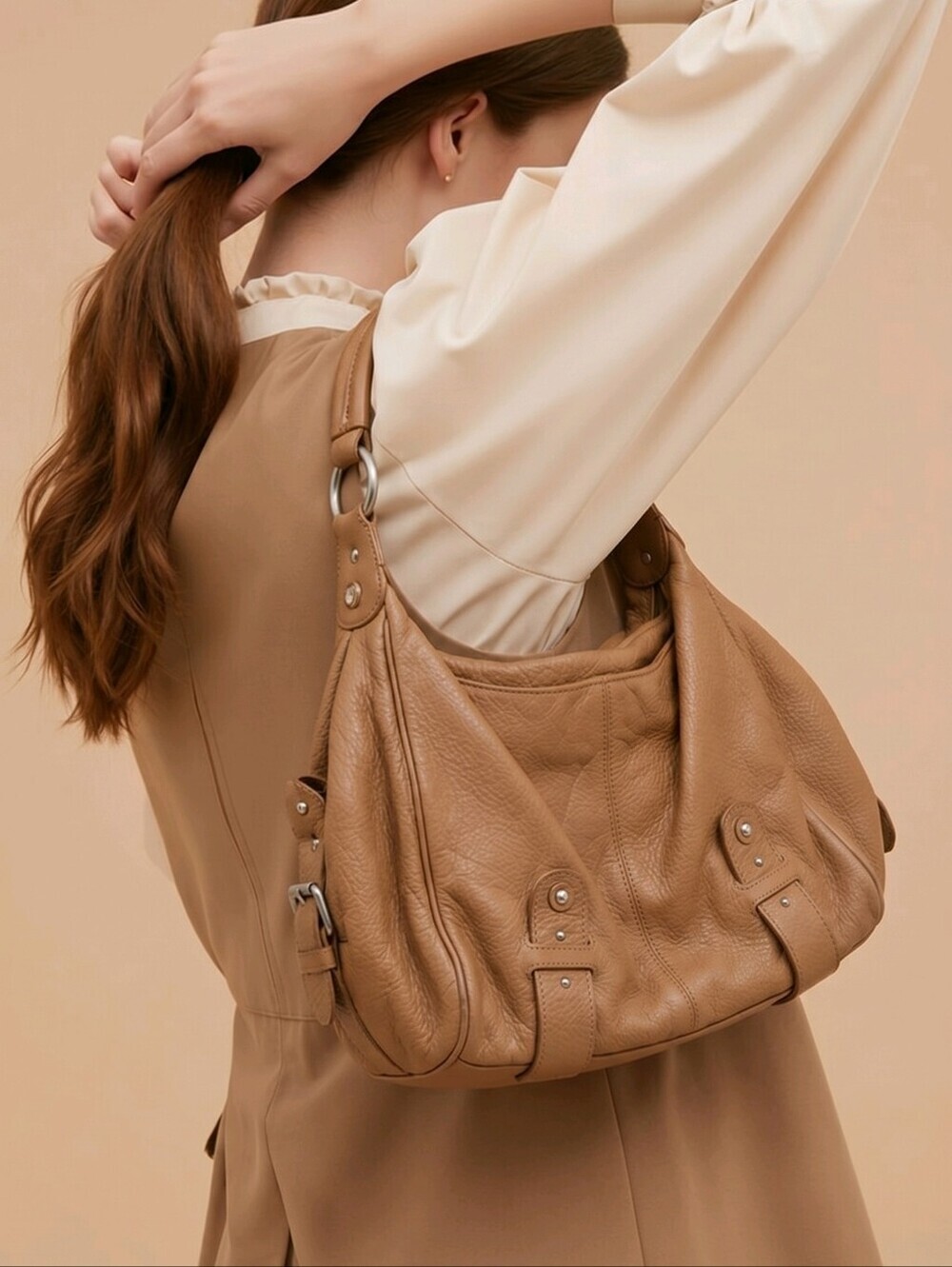 Sigrid Olsen Elegant Tan Pebbled Leather Shoulder Bag